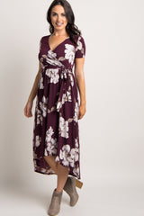 Plum Floral Hi-Low Maternity Wrap Dress