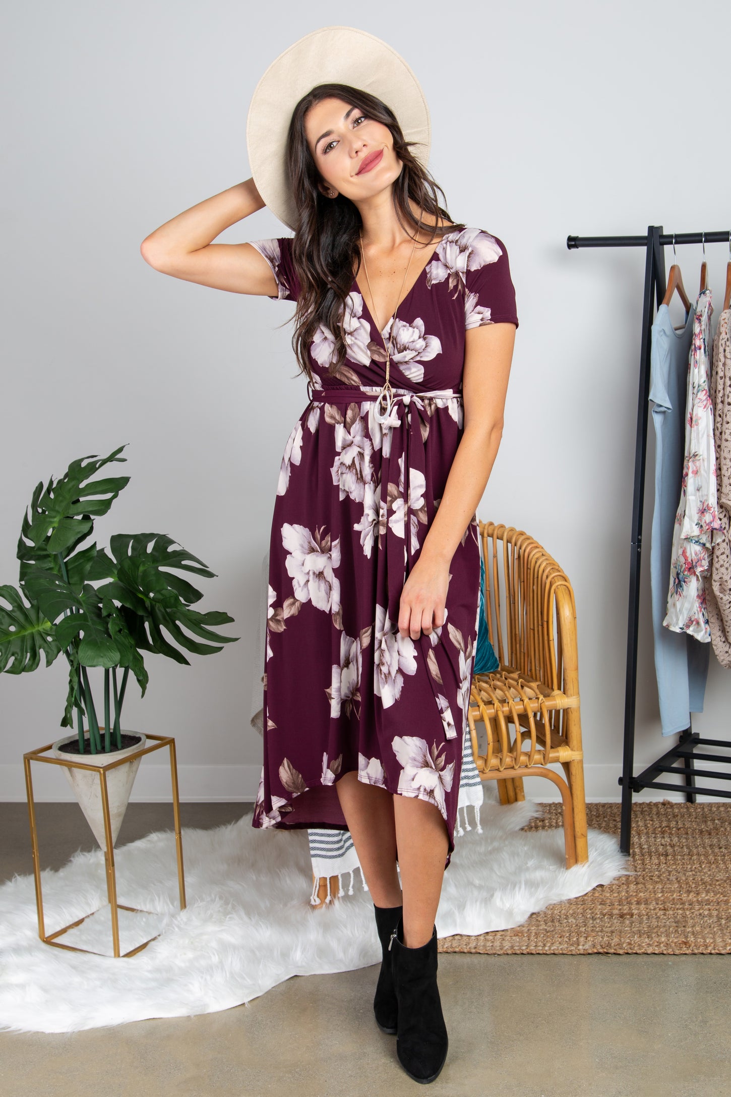 Plum Floral Hi-Low Wrap Dress