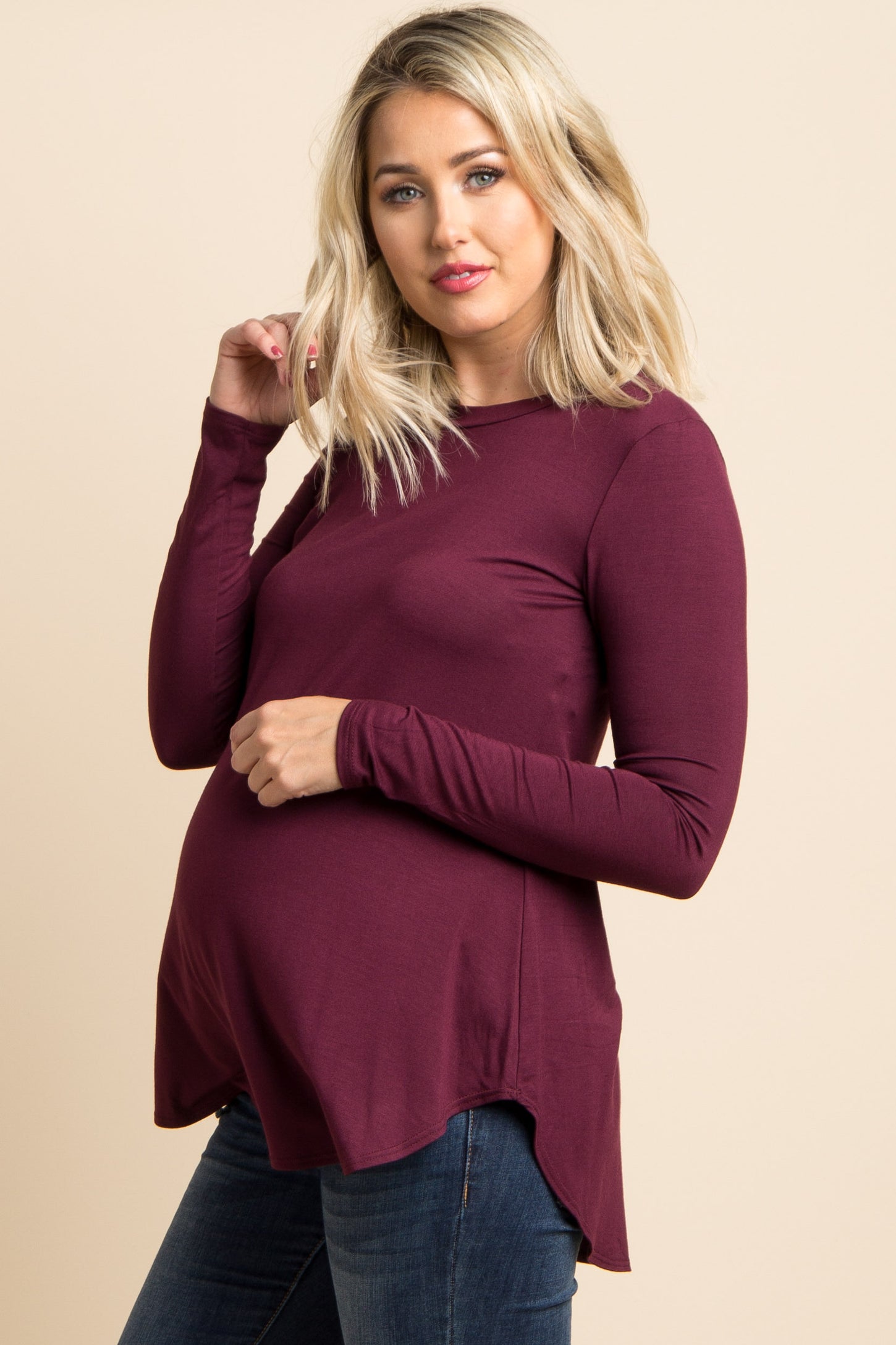 Burgundy Basic Long Sleeve Maternity Top