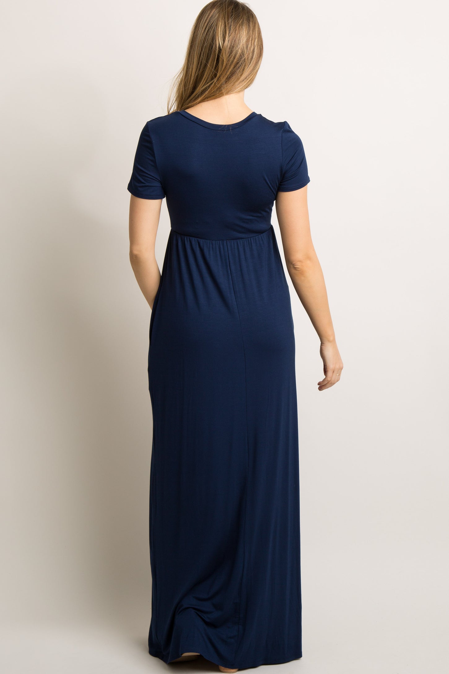 Navy Blue Solid Side Pocket Maternity Maxi Dress