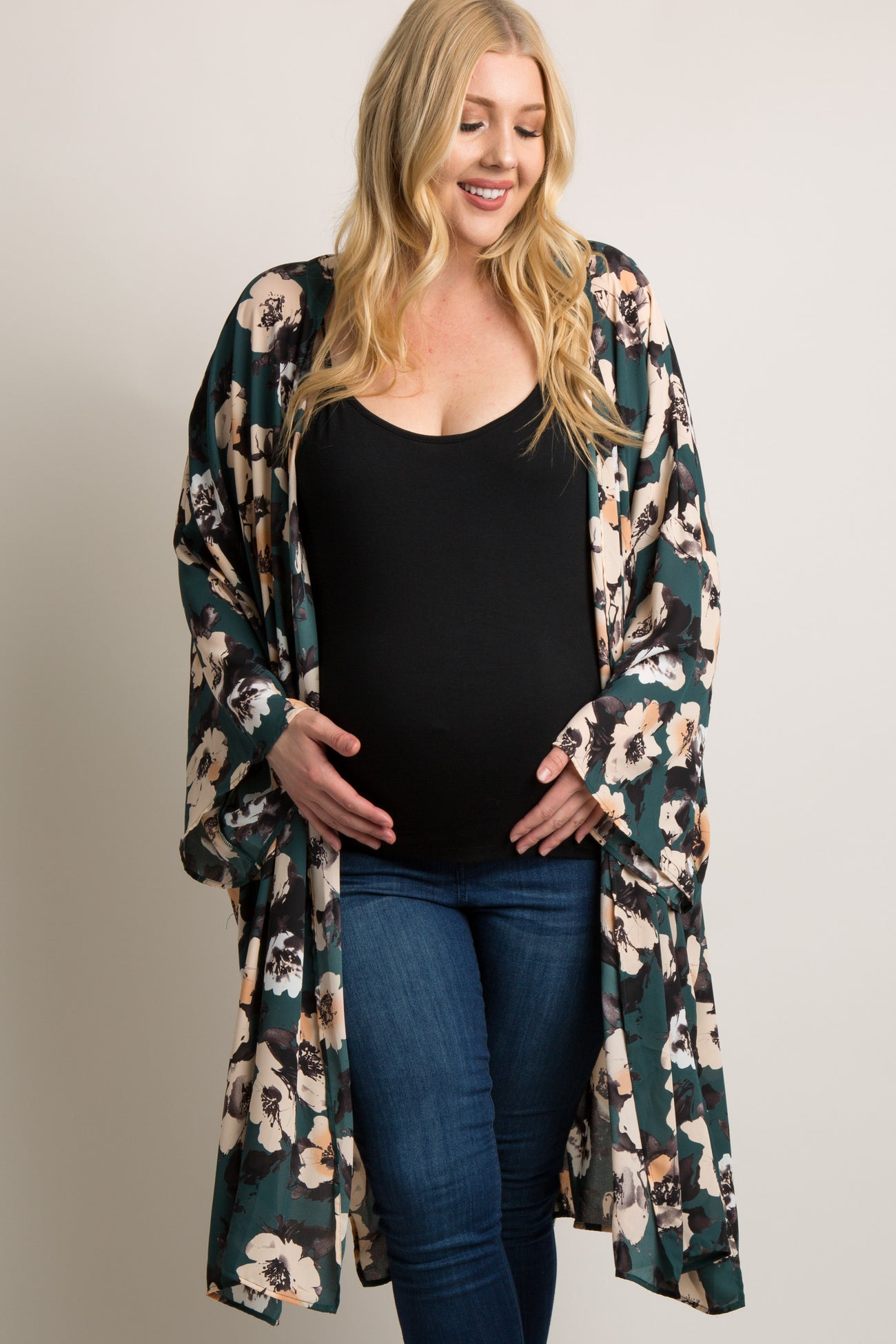 PinkBlush Green Floral Chiffon Long Maternity Plus Cover Up