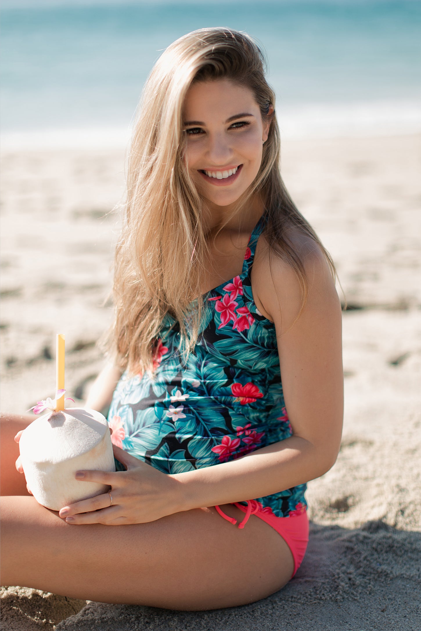 Teal Pink Hibiscus Wrap Front Maternity Tankini Top