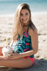 Teal Pink Hibiscus Wrap Front Maternity Tankini Top