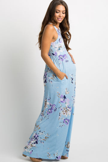 PinkBlush Aqua Floral Sleeveless Maternity Maxi Dress