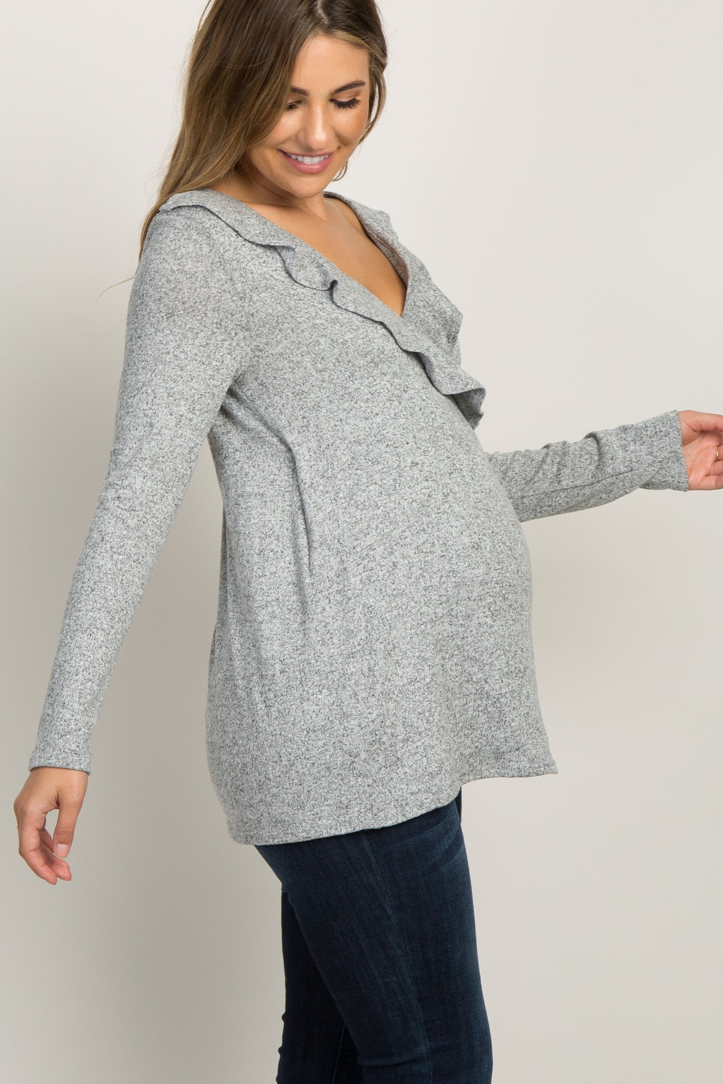 PinkBlush Heather Grey Ruffle Trim Maternity Nursing Wrap Top