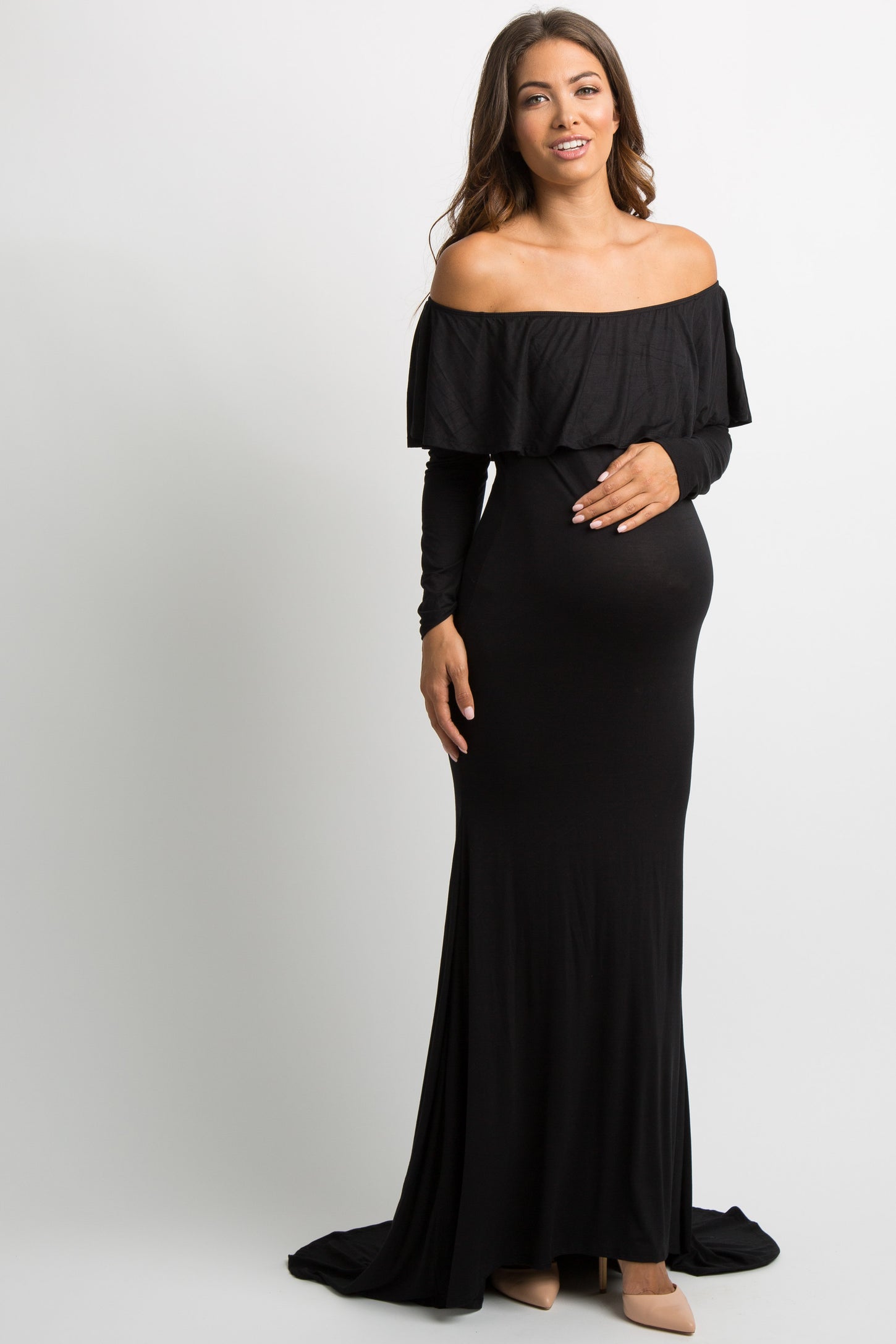Black Off Shoulder Ruffle Maternity Photoshoot Gown/Dress