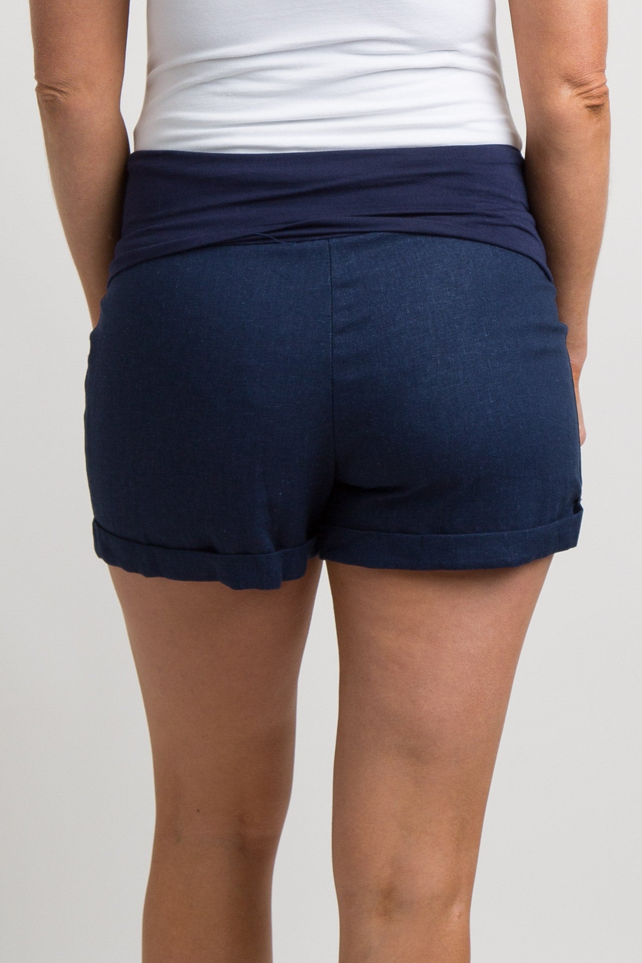 Navy Blue Foldover Linen Maternity Shorts