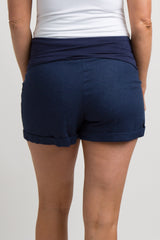 Navy Blue Foldover Linen Maternity Shorts