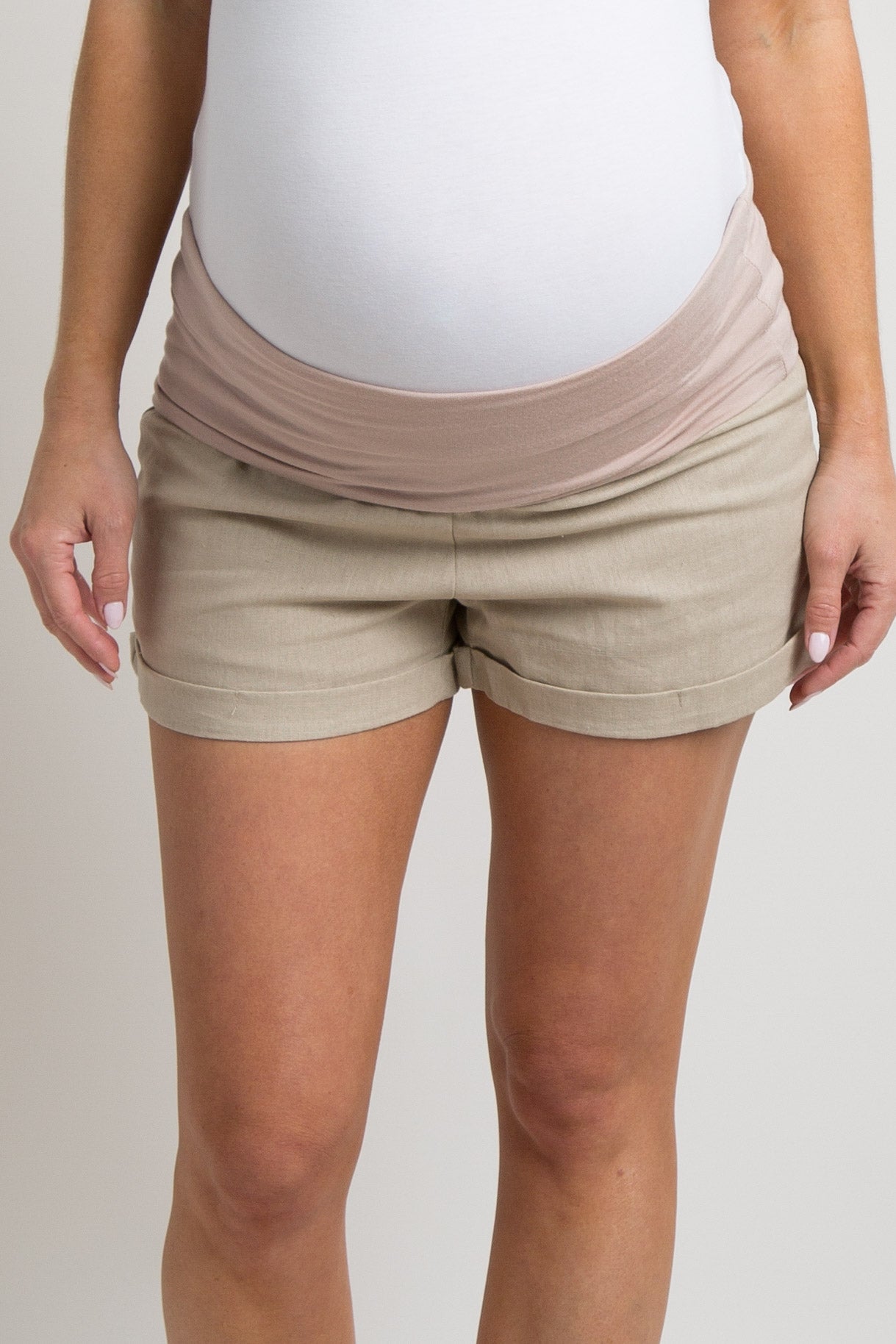 Taupe Foldover Linen Maternity Shorts