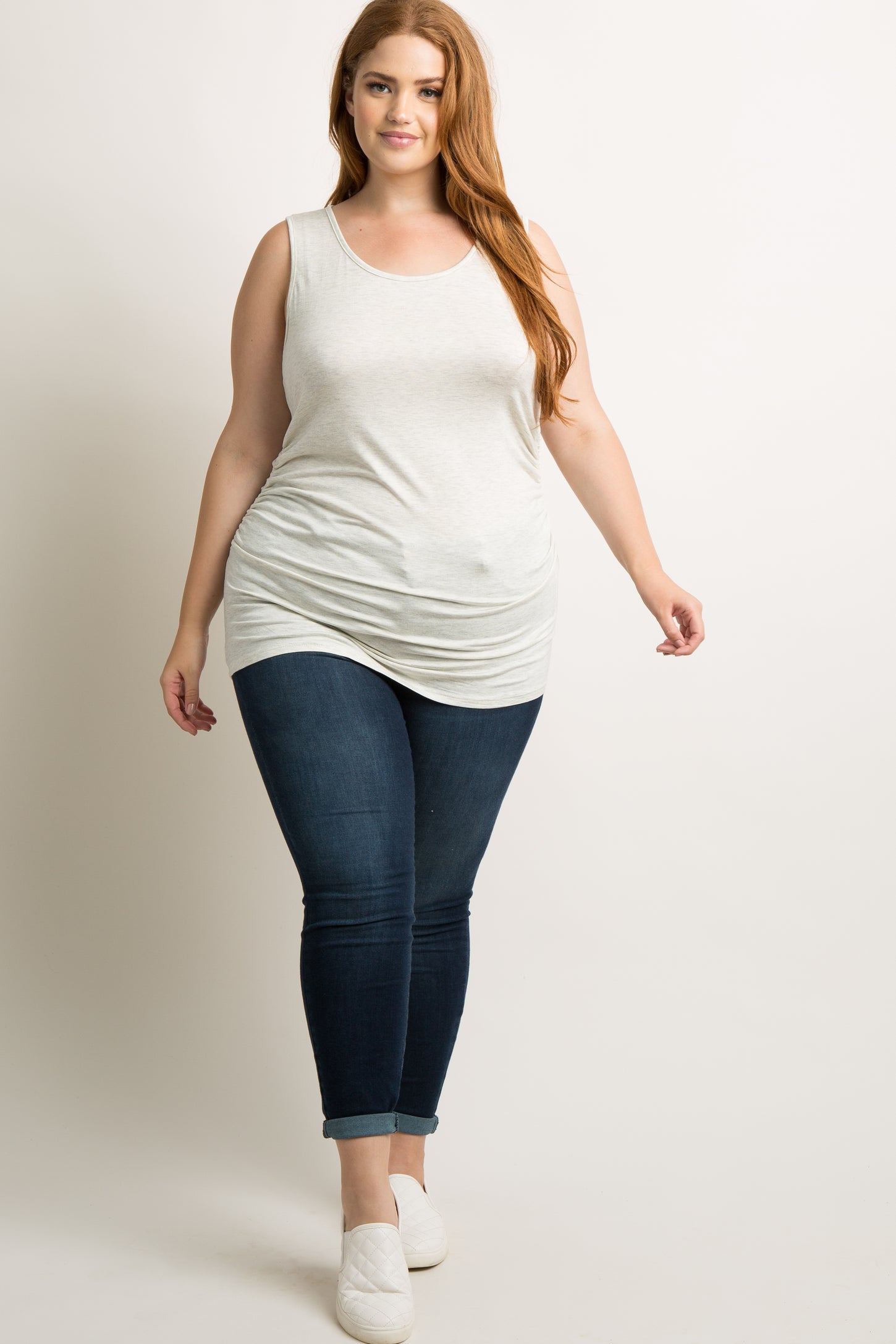 PinkBlush Beige Ruched Fitted Plus Tank Top