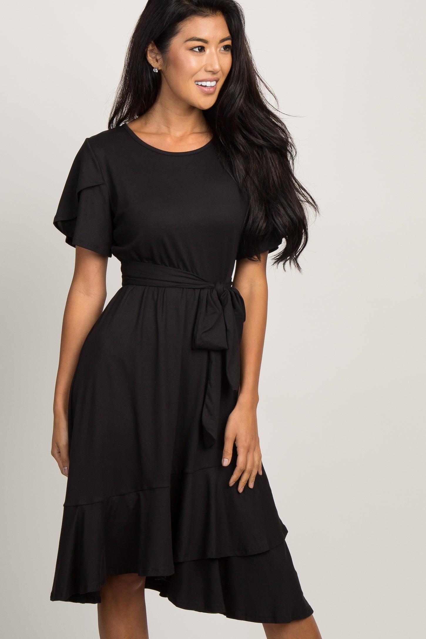 Black Solid Flounce Trim Dress