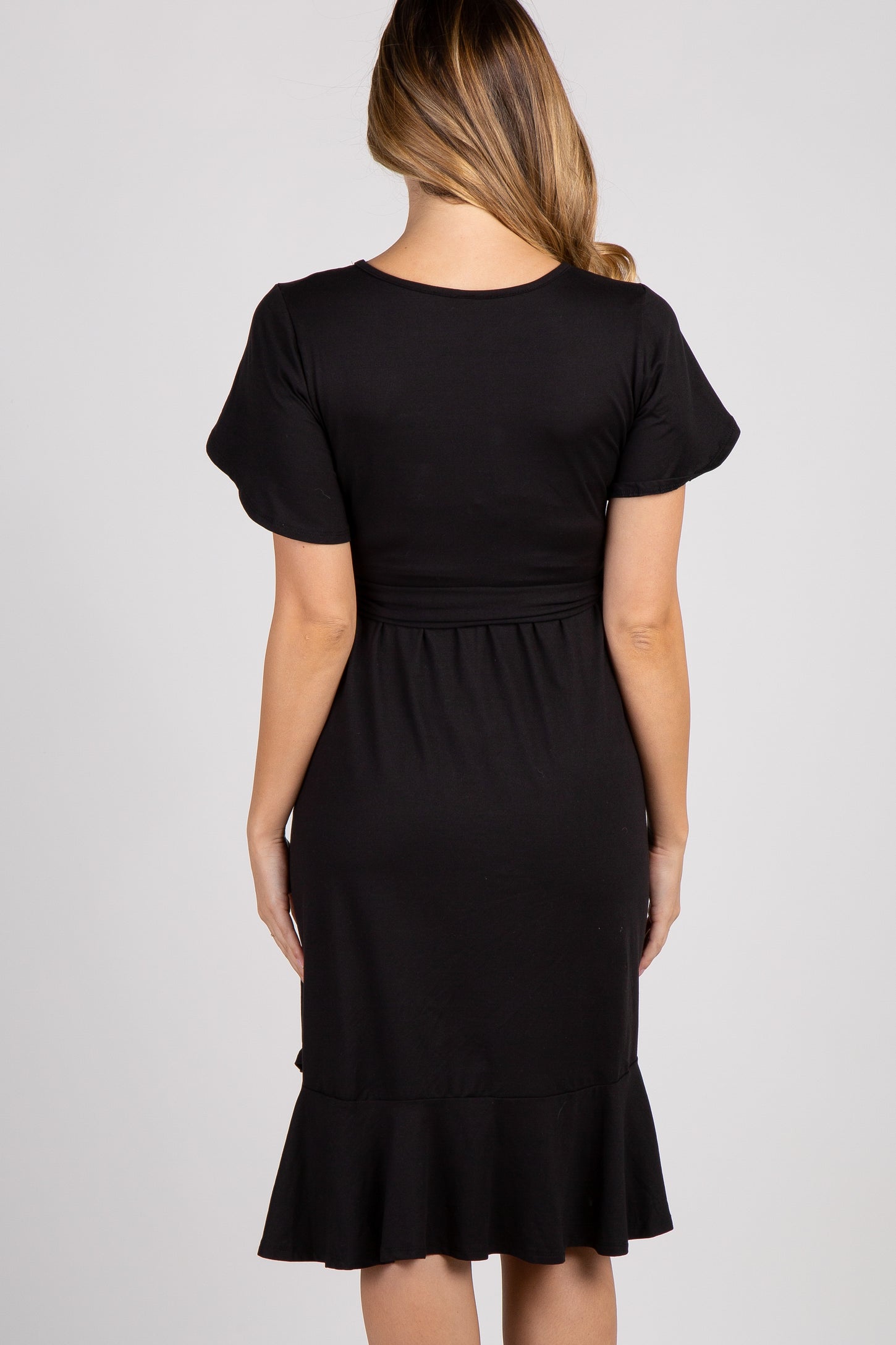 Black Solid Flounce Trim Maternity Dress