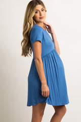 PinkBlush Blue Solid Crochet Trim Maternity Shift Dress