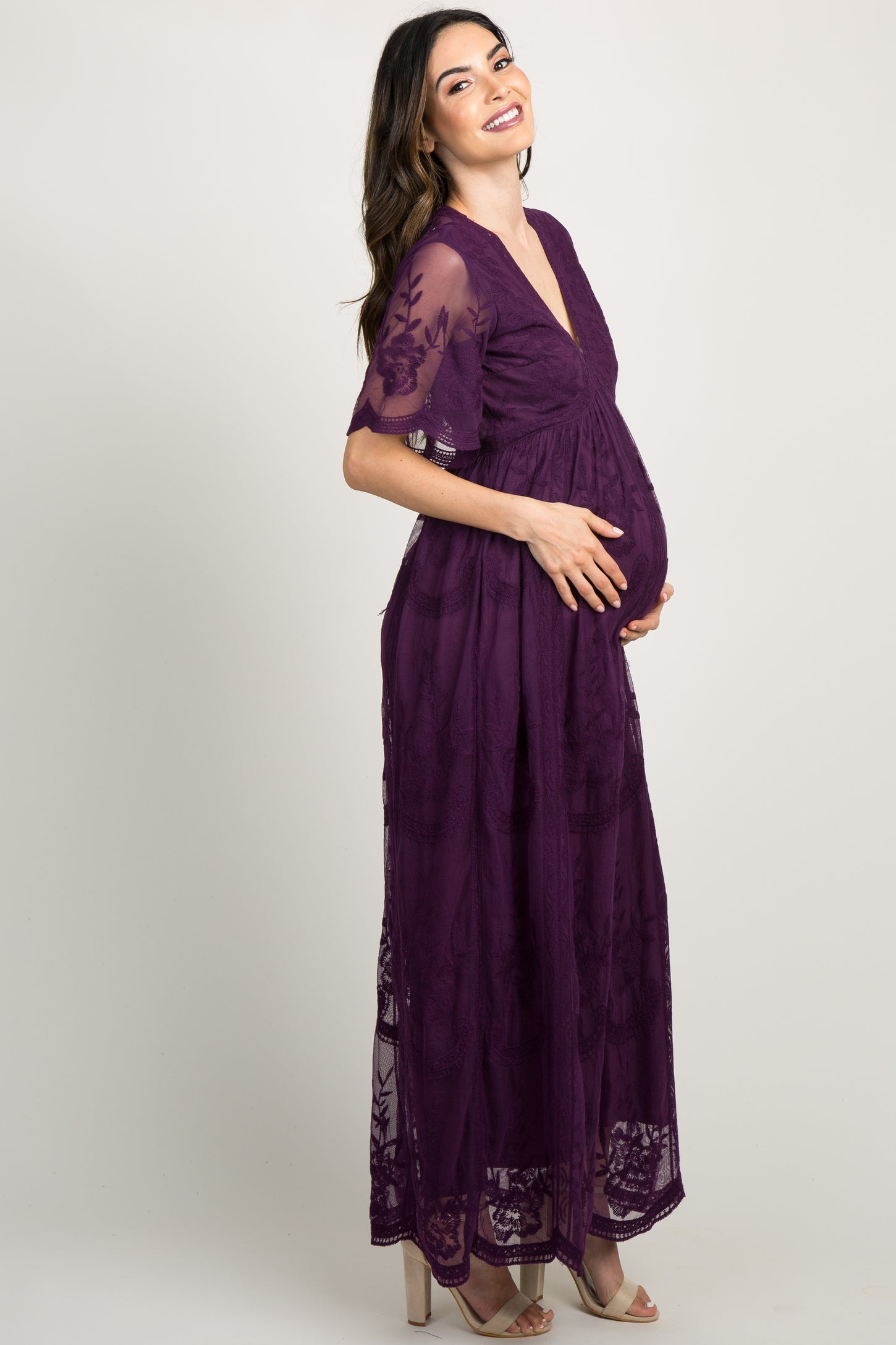 PinkBlush Plum Lace Mesh Overlay Maternity Maxi Dress