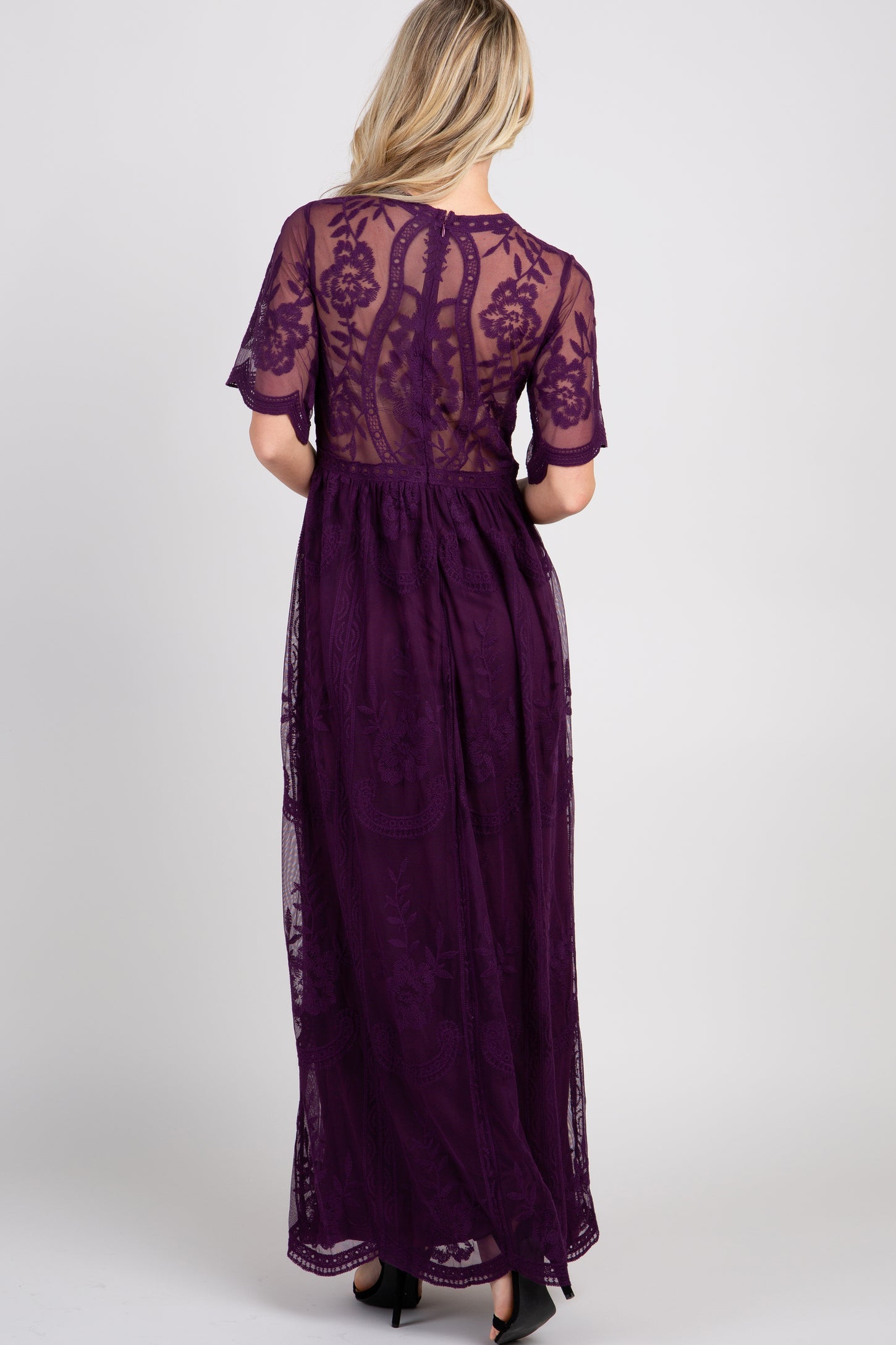PinkBlush Plum Lace Mesh Overlay Maxi Dress
