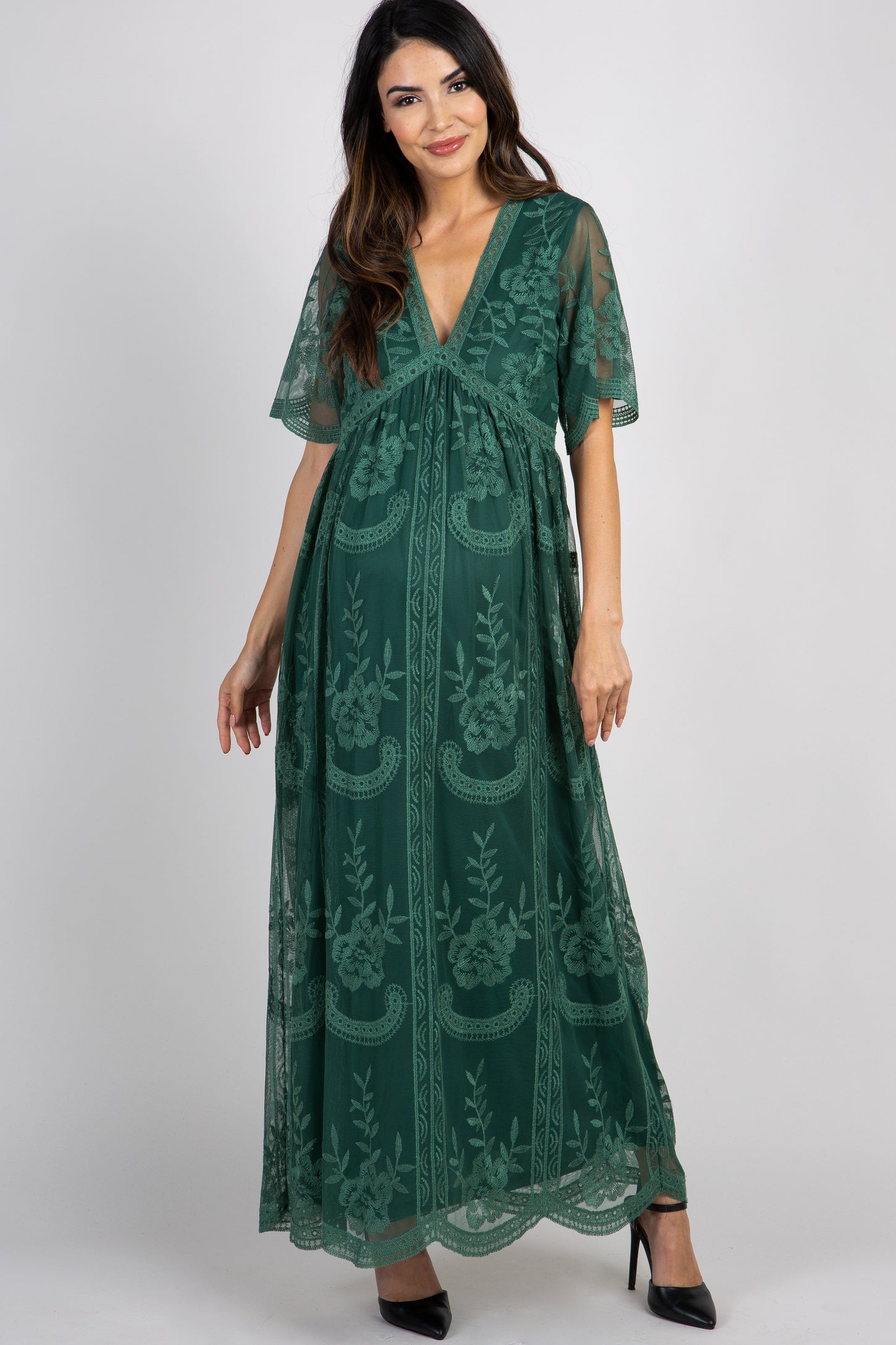 Teal Green Lace Mesh Overlay Maternity Maxi Dress