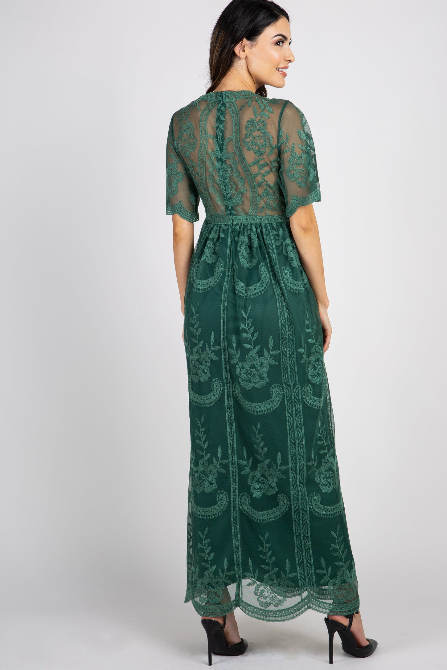Teal Green Lace Mesh Overlay Maternity Maxi Dress
