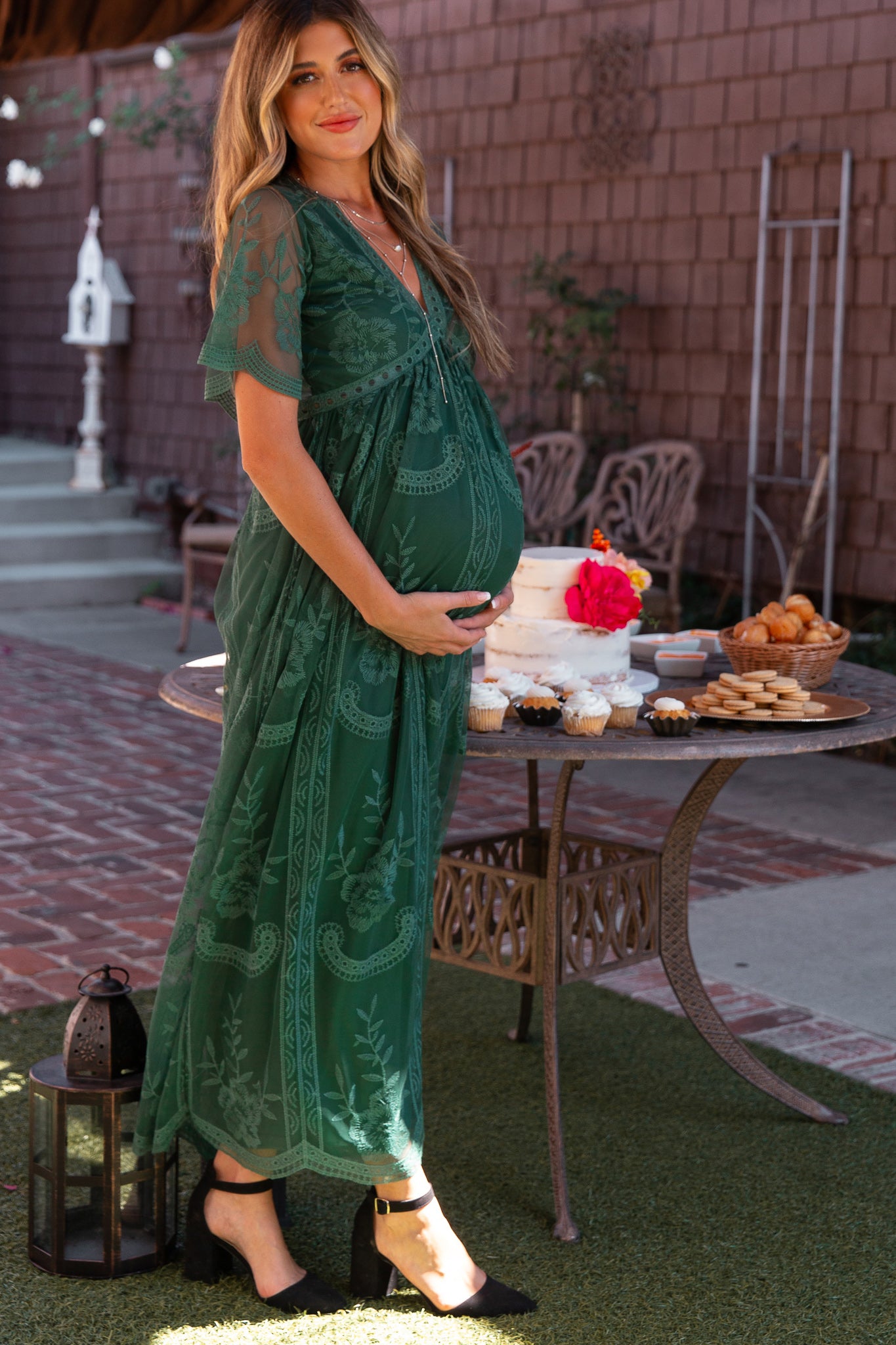 Teal Green Lace Mesh Overlay Maternity Maxi Dress