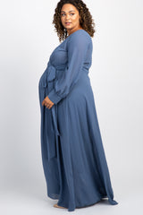 Blue Chiffon Long Sleeve Pleated Plus Maternity Maxi Dress