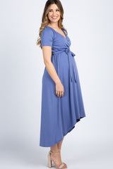 Slate Blue Solid Hi-Low Maternity Wrap Dress