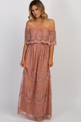 Light Pink Lace Mesh Overlay Off Shoulder Maternity Maxi Dress