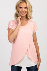 Pink Layered Wrap Front Maternity/Nursing Top