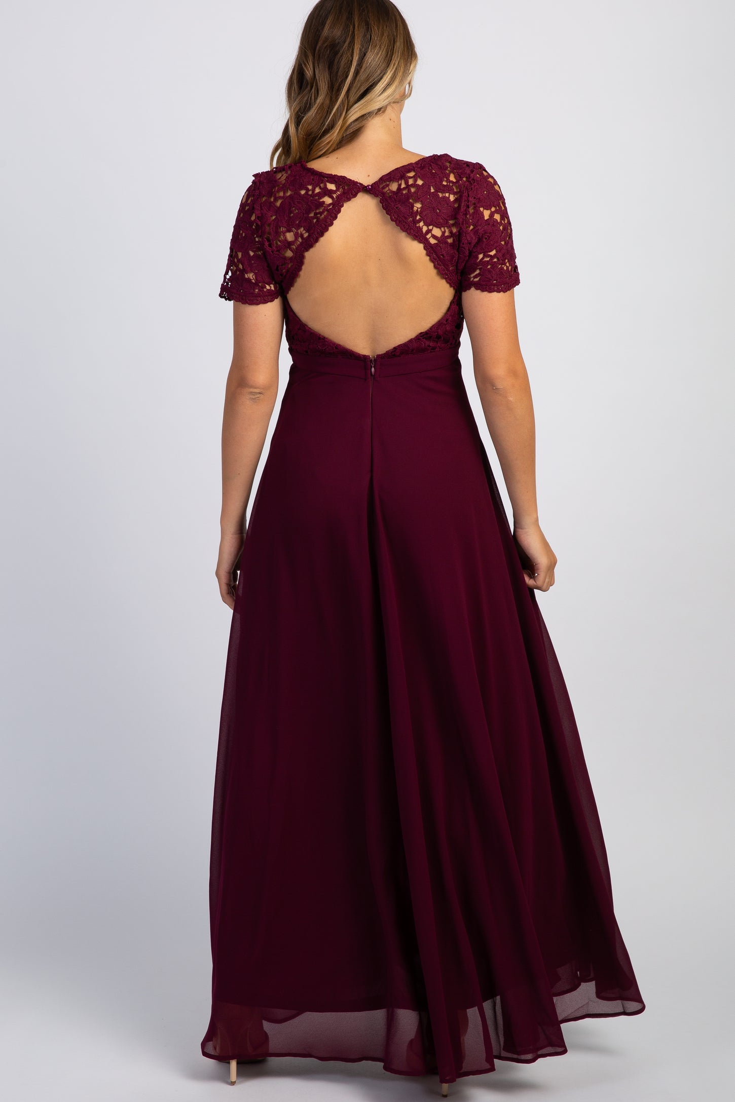 Burgundy Crochet Top Open Back Maternity Evening Gown