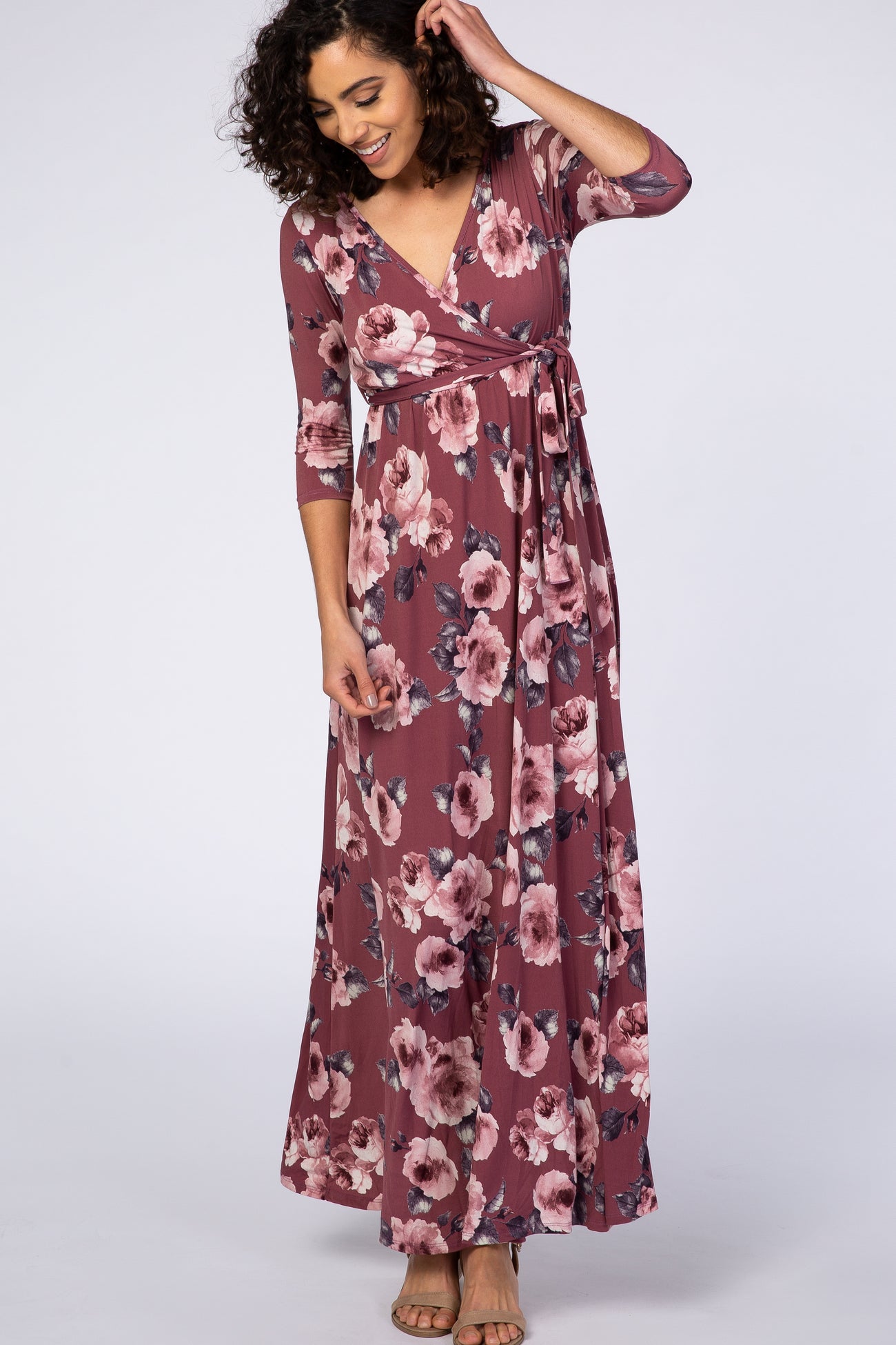 PinkBlush Mauve Abstract Floral Sash Tie Maternity/Nursing Maxi Dress