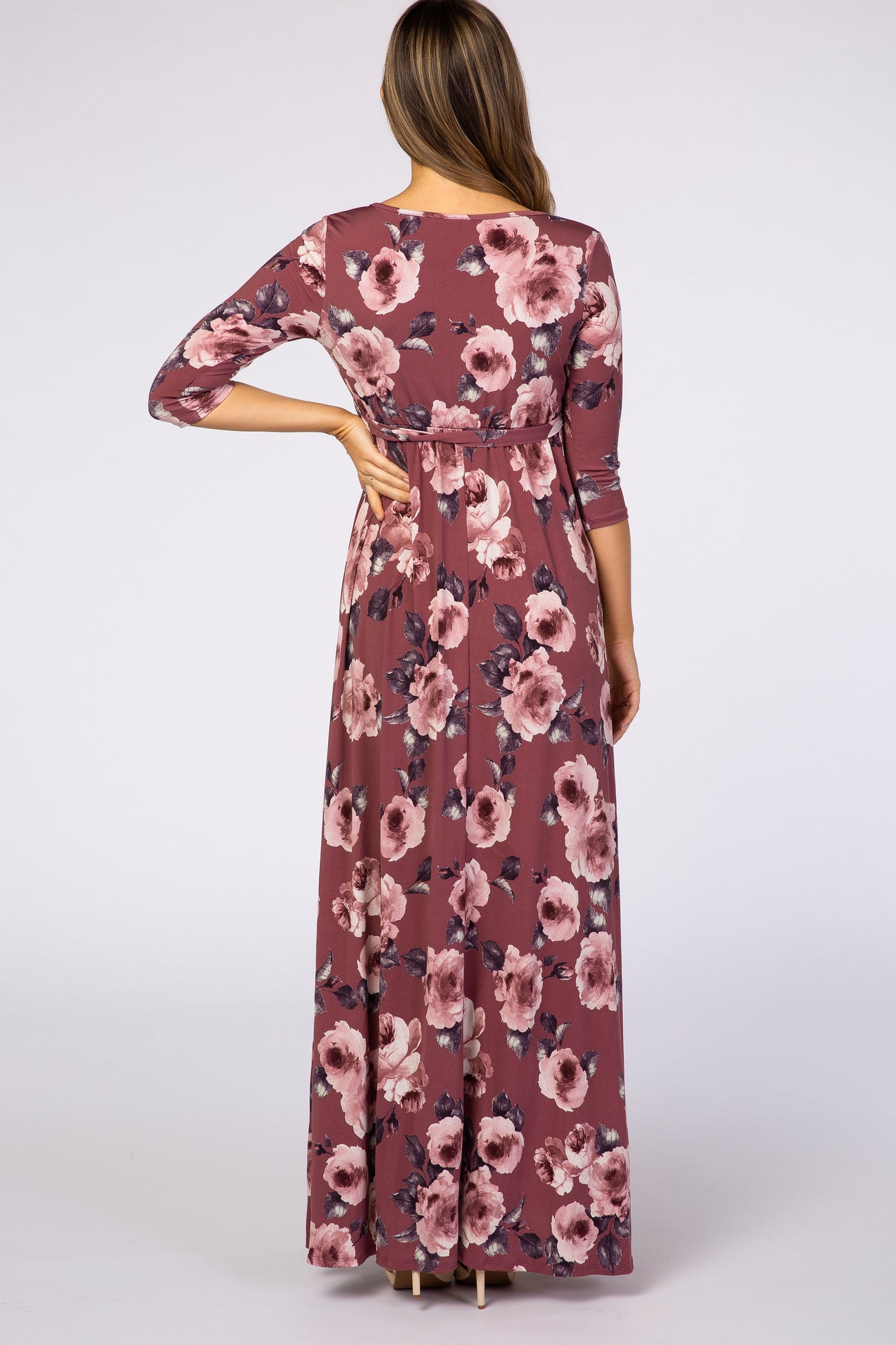 PinkBlush Mauve Abstract Floral Sash Tie Maternity/Nursing Maxi Dress