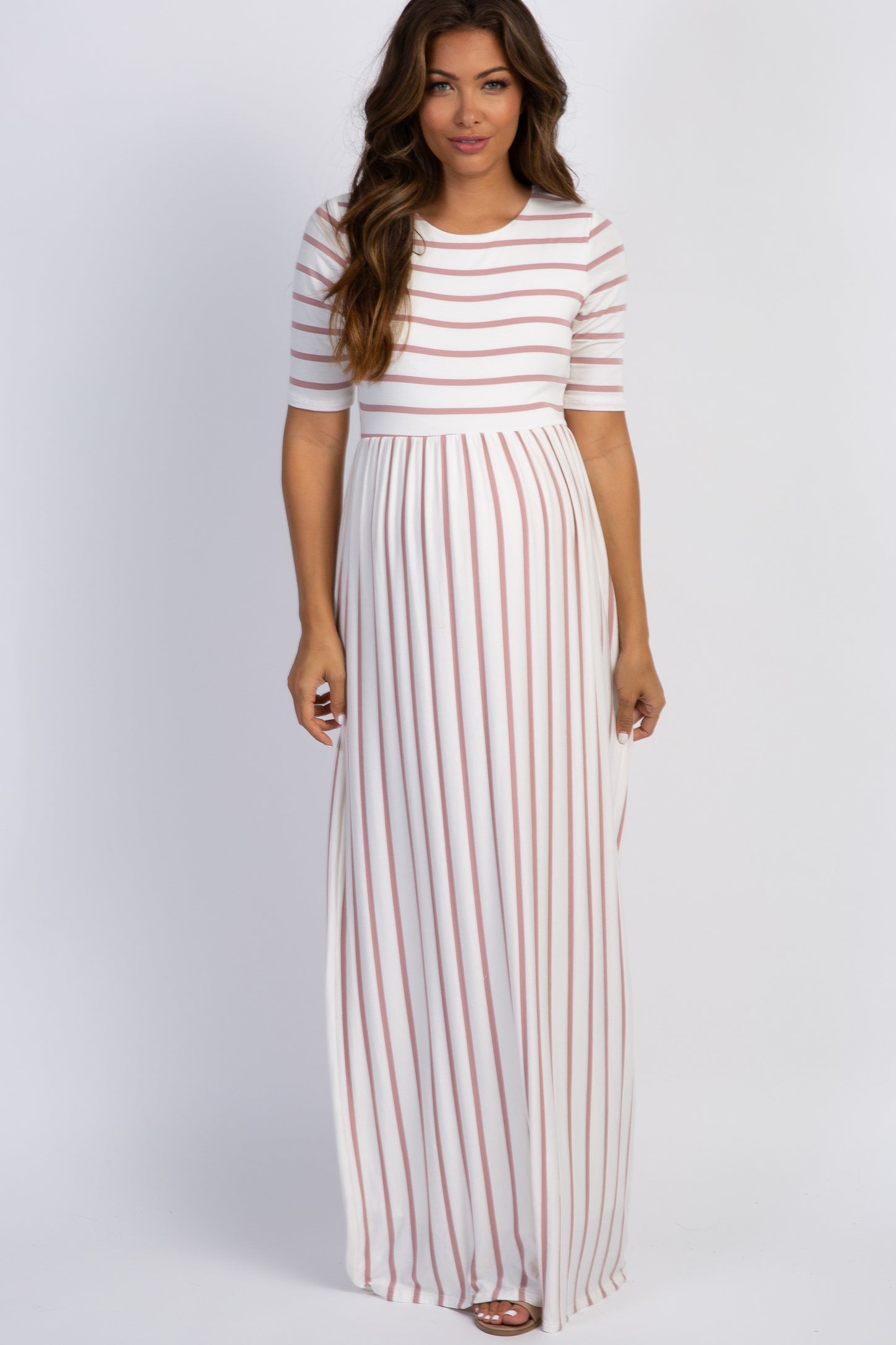 PinkBlush Mauve Striped Half Sleeve Maternity Maxi Dress