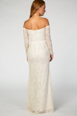 PinkBlush Beige Lace Off Shoulder Long Sleeve Maxi Dress