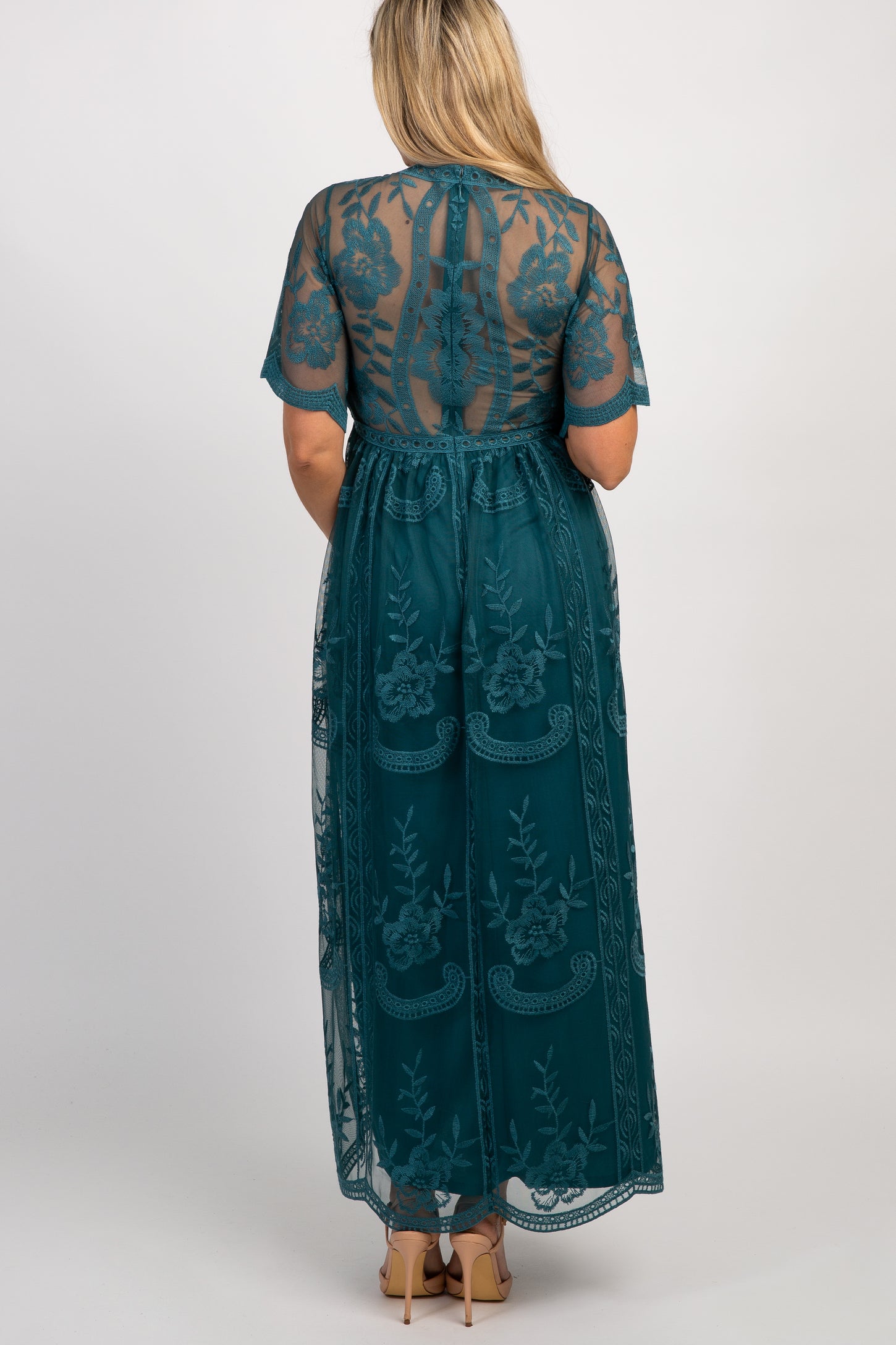 Dark Turquoise Lace Mesh Overlay Maternity Maxi Dress