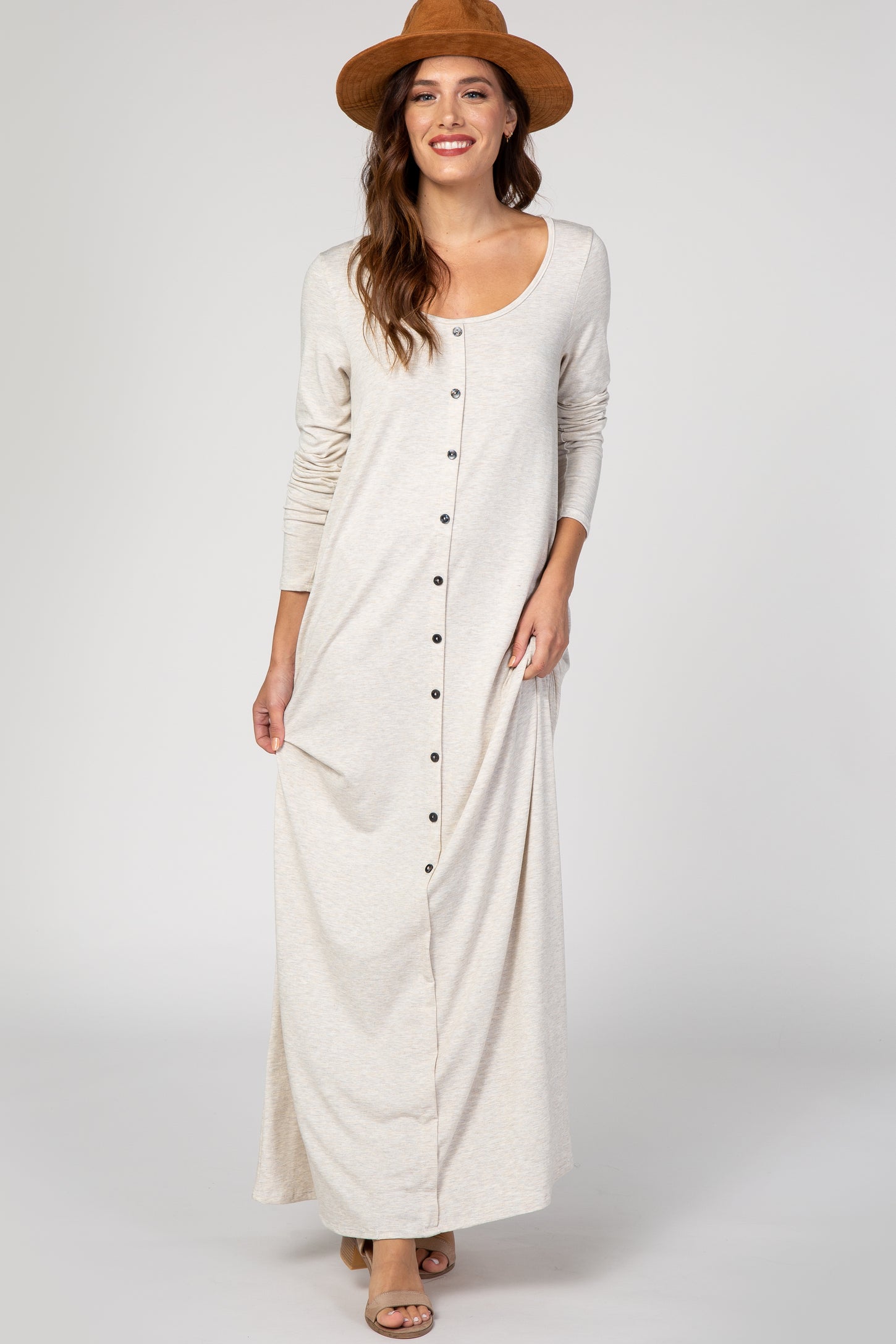 PinkBlush Beige Button Front Maternity Maxi Dress