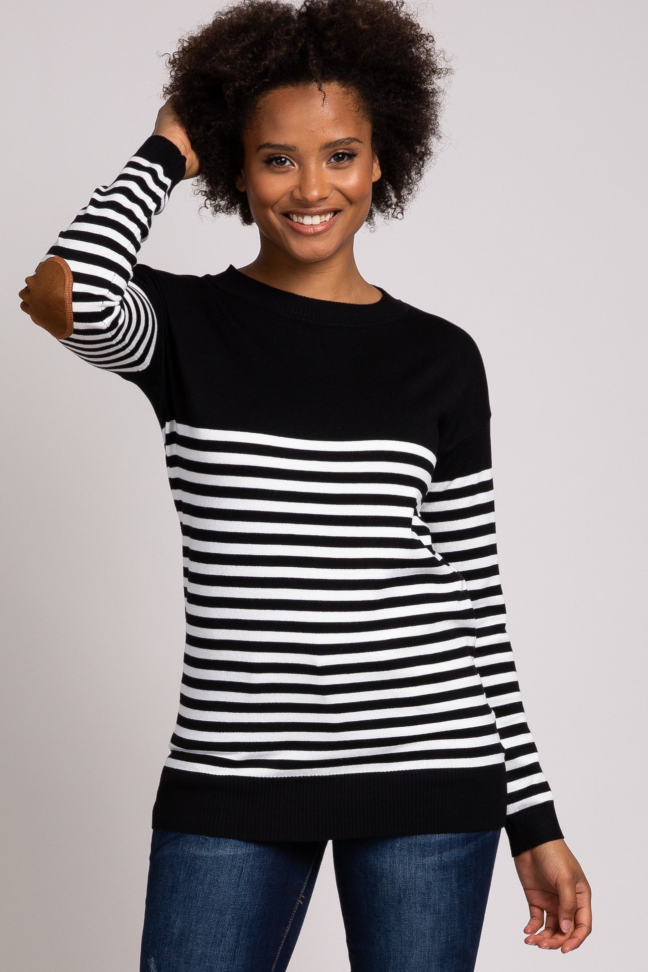 PinkBlush Black Striped Elbow Patch Knit Maternity Sweater