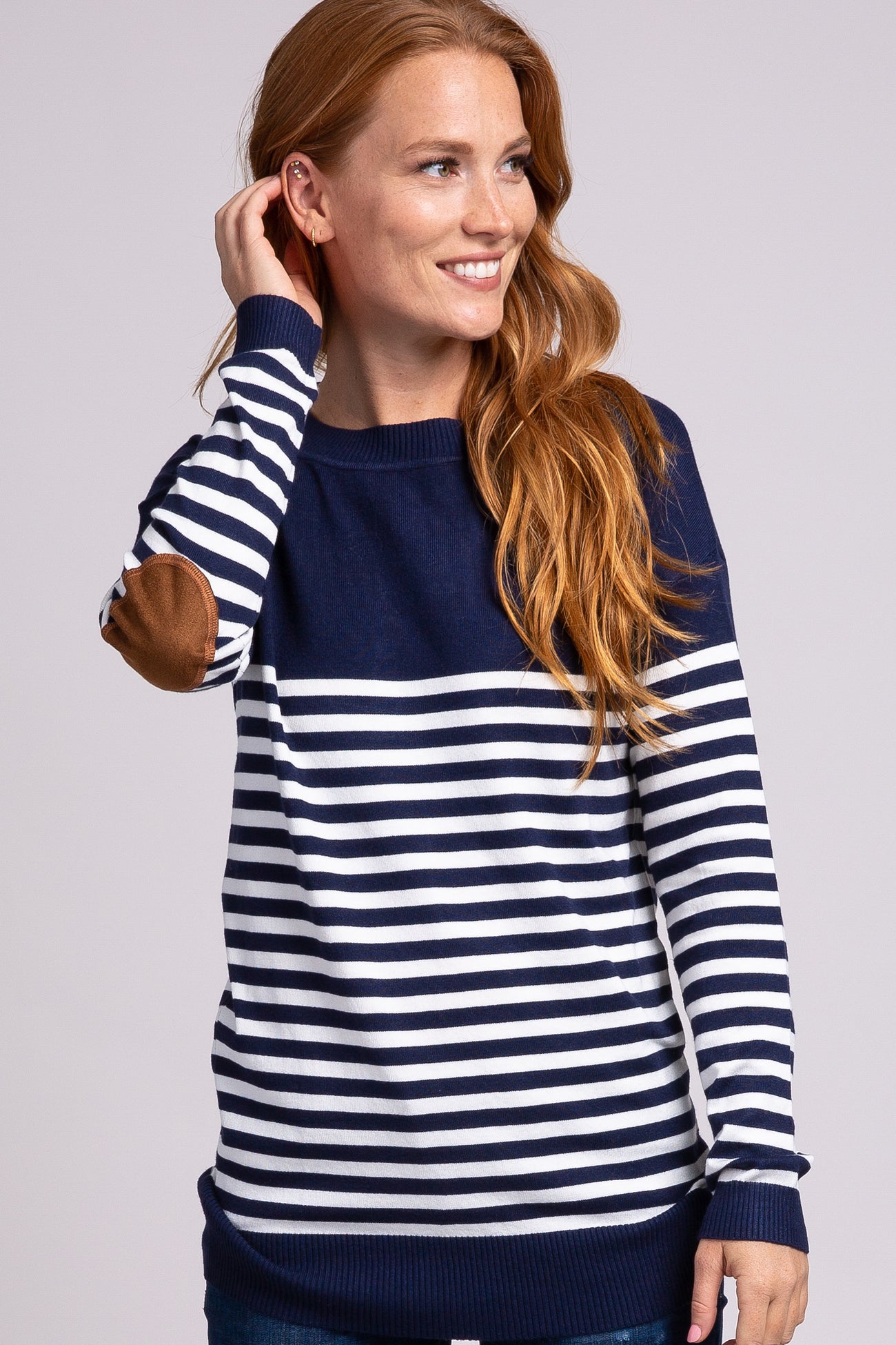 Navy Blue Striped Elbow Patch Knit Maternity Sweater