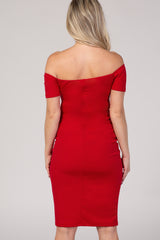 PinkBlush Red Solid Off Shoulder Maternity Fitted Dress