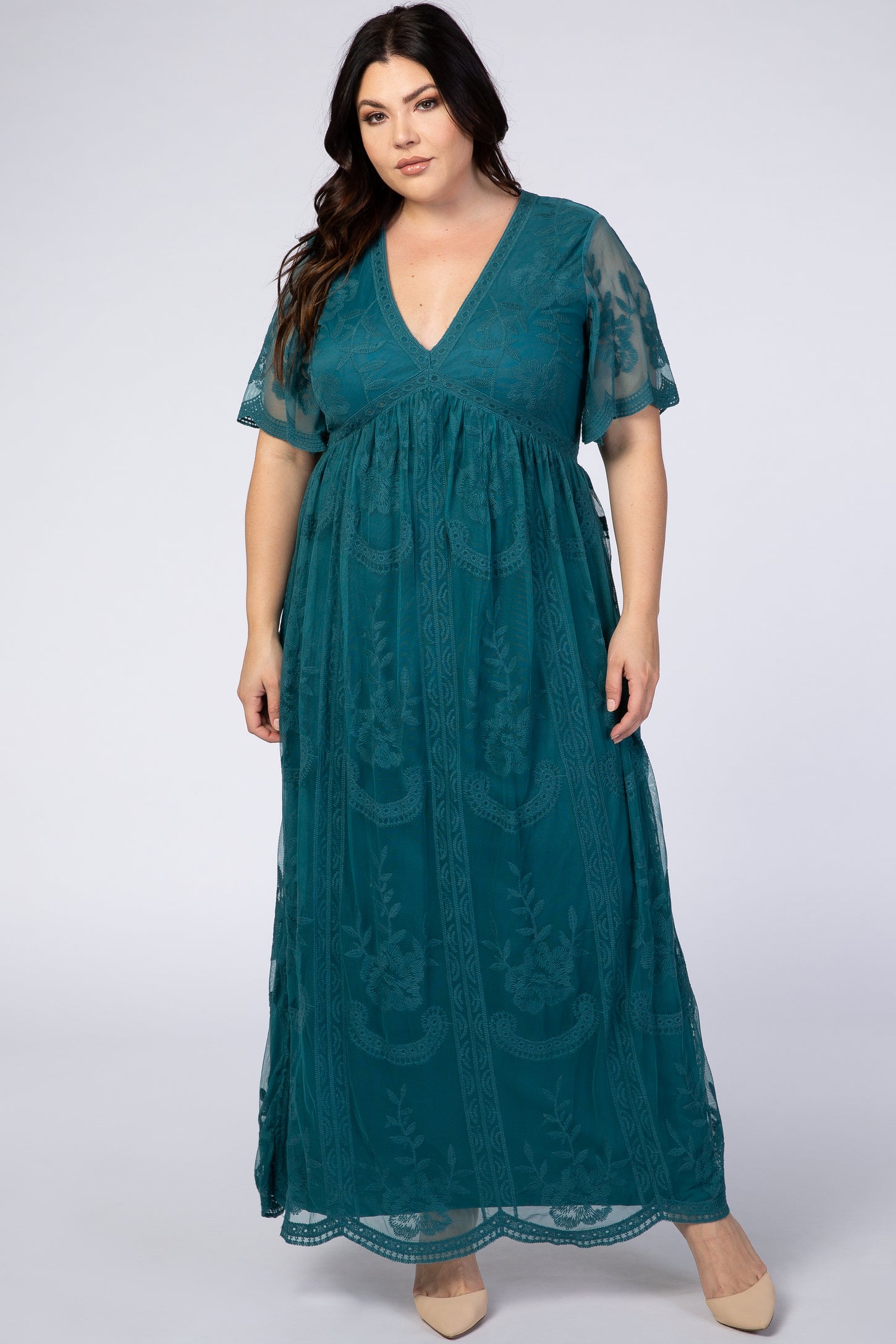 PinkBlush Teal Lace Mesh Overlay Plus Maternity Maxi Dress