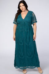 PinkBlush Teal Lace Mesh Overlay Plus Maternity Maxi Dress
