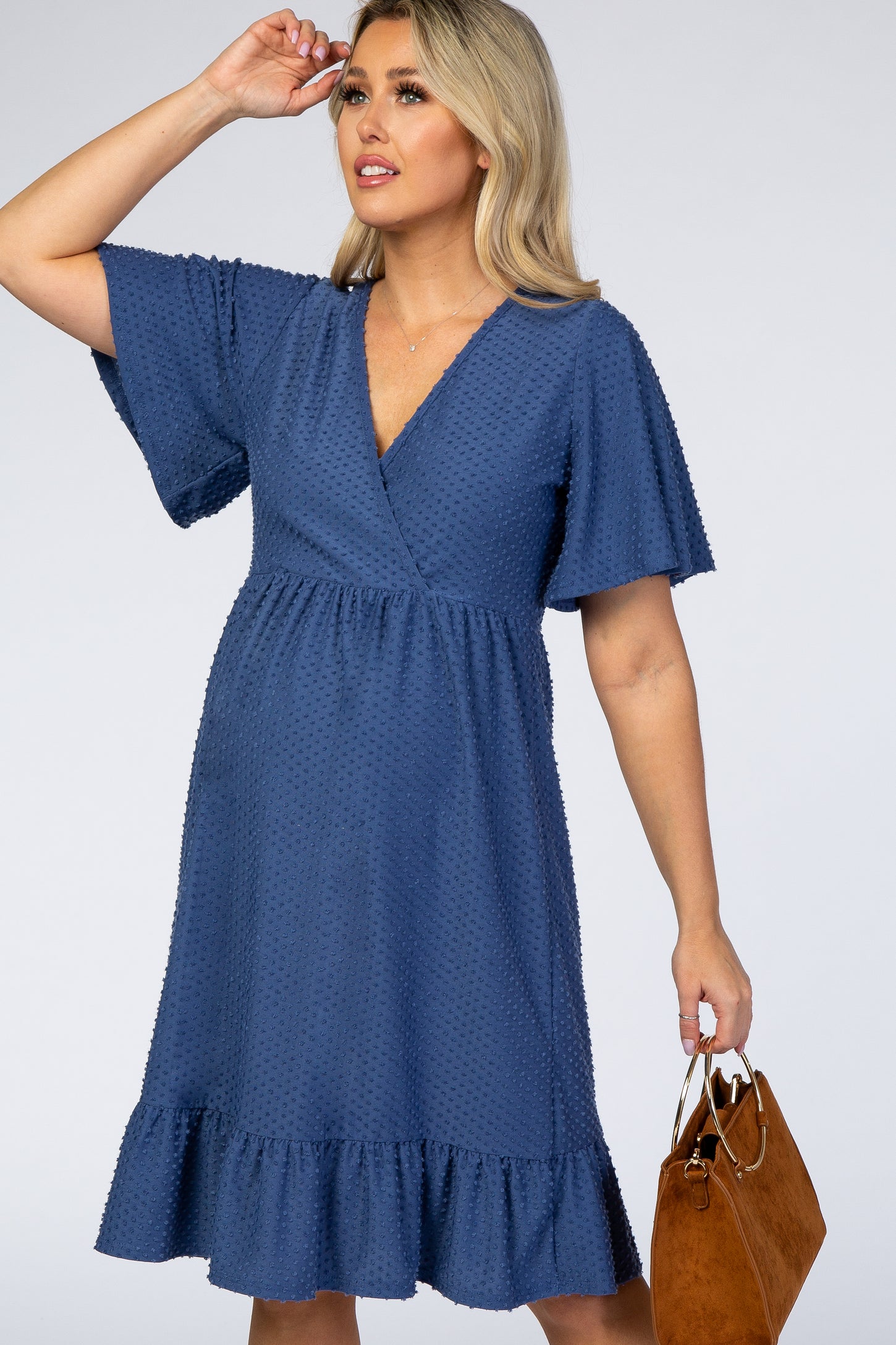 PinkBlush Blue Textured Polka Dot Ruffle Hem Short Sleeve Maternity Dress