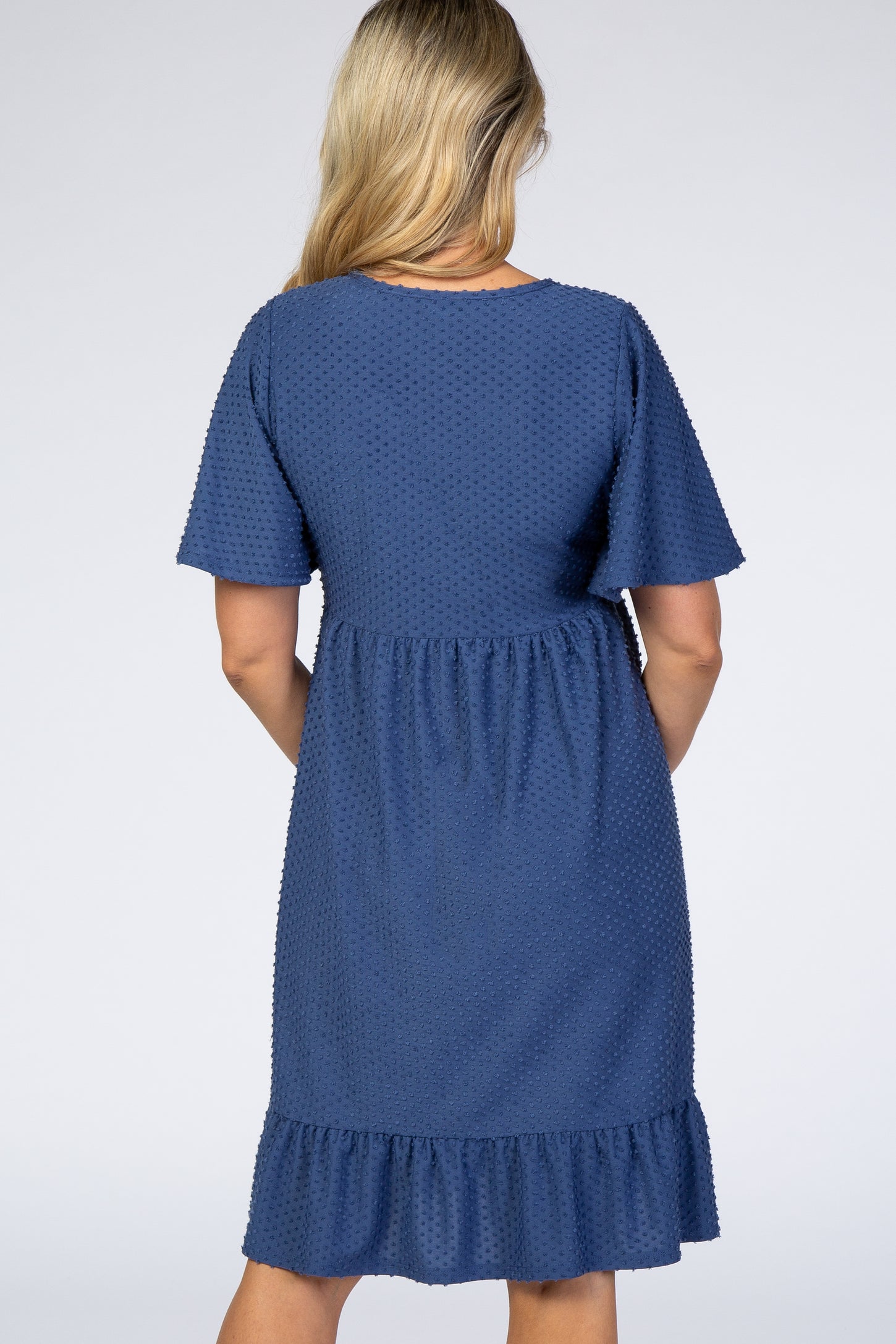 PinkBlush Blue Textured Polka Dot Ruffle Hem Short Sleeve Maternity Dress