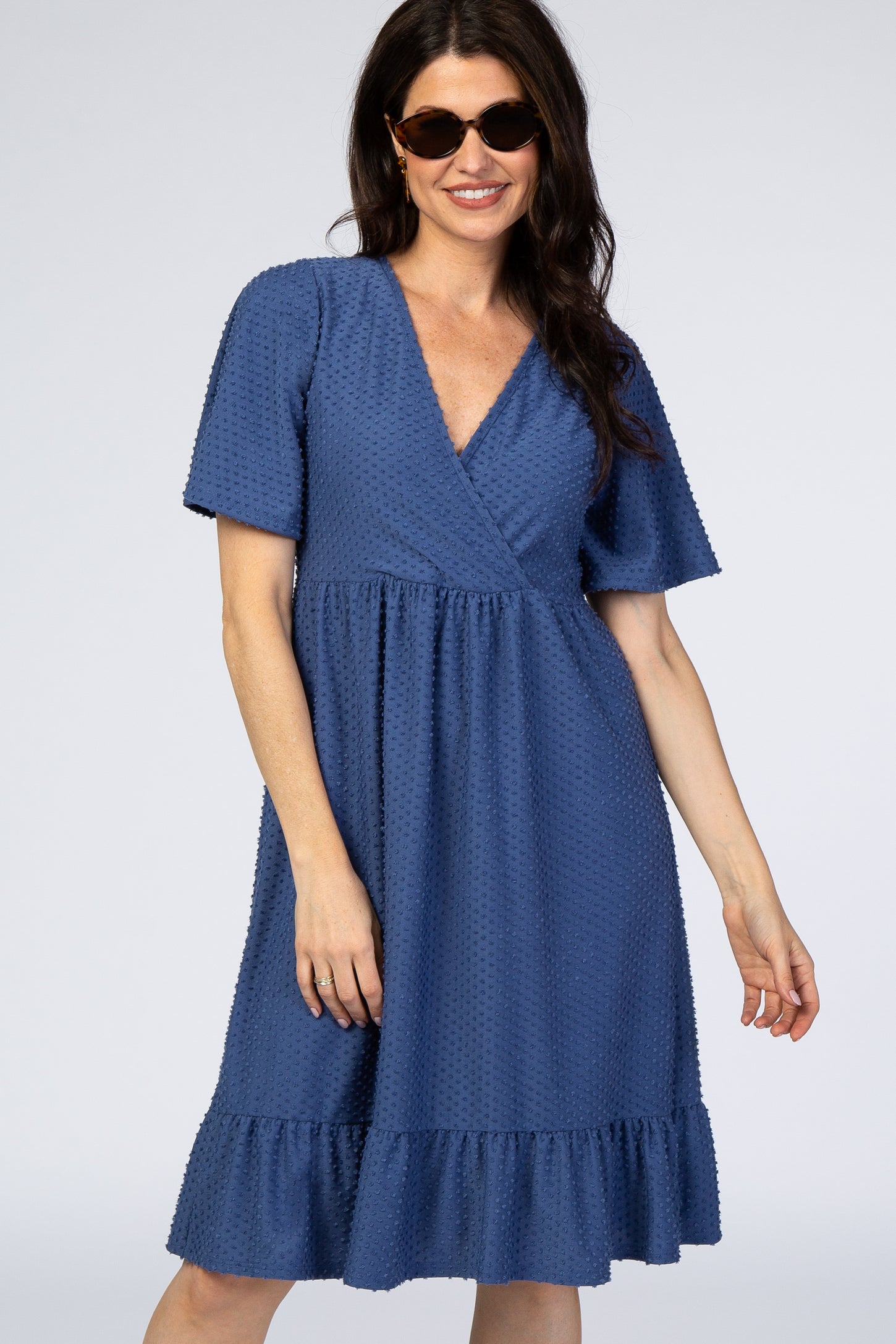 PinkBlush Blue Textured Polka Dot Ruffle Hem Short Sleeve Dress