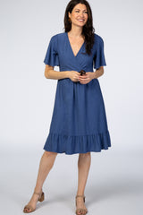 PinkBlush Blue Textured Polka Dot Ruffle Hem Short Sleeve Maternity Dress