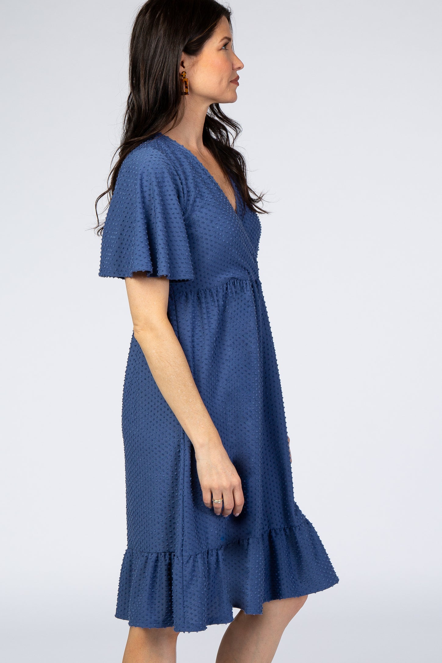 PinkBlush Blue Textured Polka Dot Ruffle Hem Short Sleeve Dress