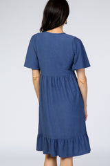 PinkBlush Blue Textured Polka Dot Ruffle Hem Short Sleeve Dress
