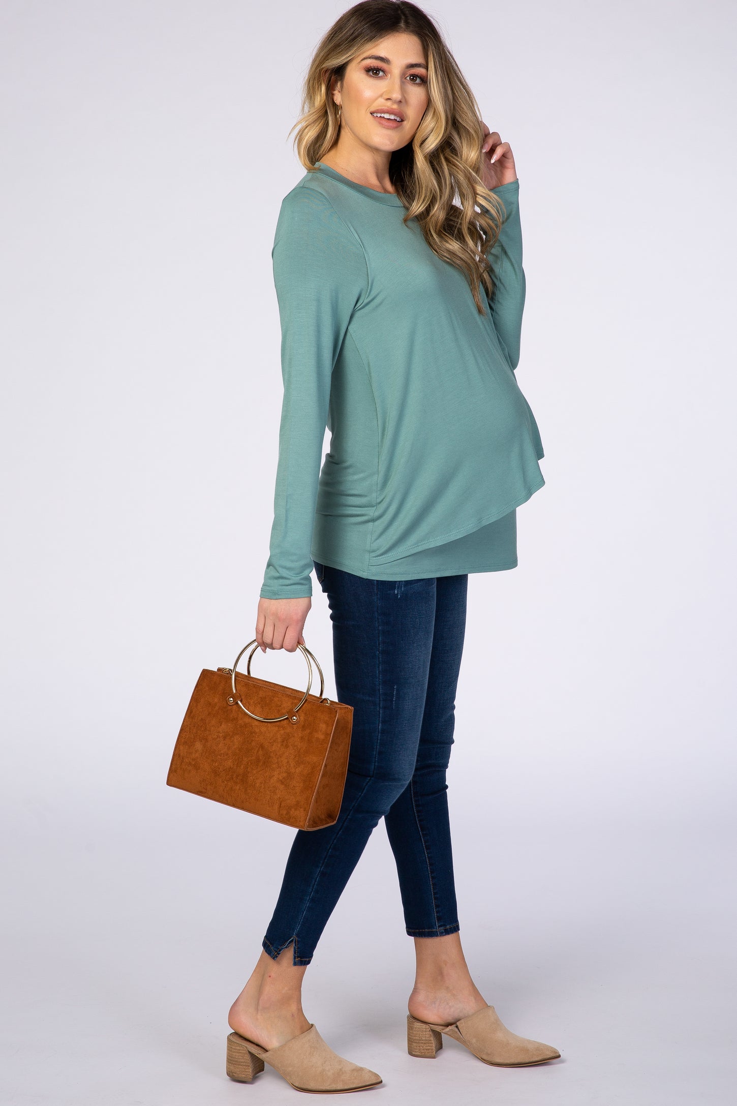 PinkBlush Light Olive Solid Layered Front Long Sleeve Maternity/Nursing Top
