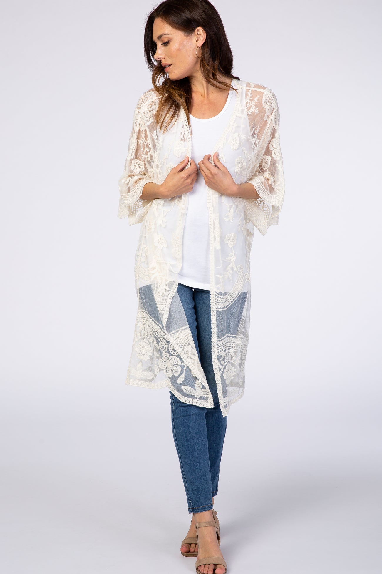 White Lace 3/4 Sleeve Maternity Cover Up
