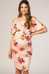 Peach Floral Print Ruffle Fitted Maternity Dress