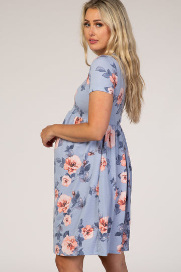 Light Blue Floral Babydoll Maternity Dress