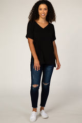 Black V-Neck Cuffed Short Sleeve Top