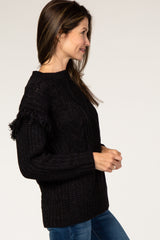 Black Cable Knit Fringe Sleeve Sweater